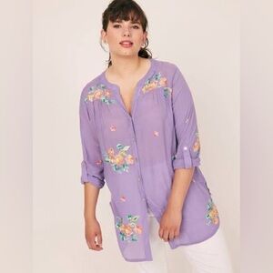 Figueroa & Flower Lavender Floral Embroidered Roll-Tab Blouse Size 2X